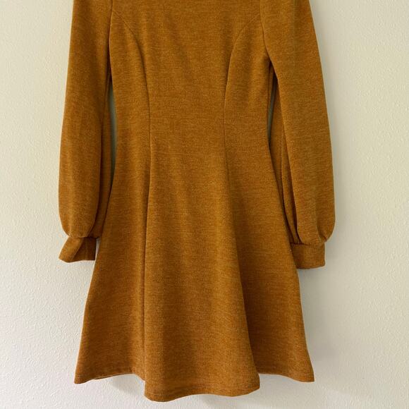 Everly long skater mini dress sleeve puff balloon sleeve fall  mustard yellow S - Picture 2 of 9